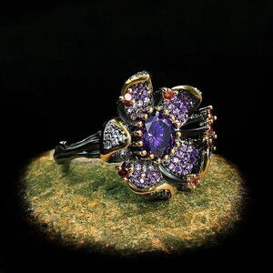 NEW Flower Cocktail Ring Sz.8 14K Black Gold Plated Over Silver CZ Whimsigoth